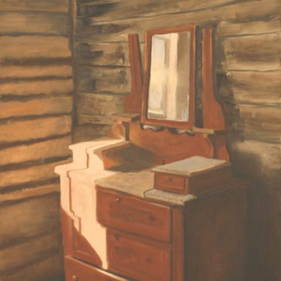 Bureau at Redding Cabin, Illuminating  secrets, oil on canvas, 16x20, $595