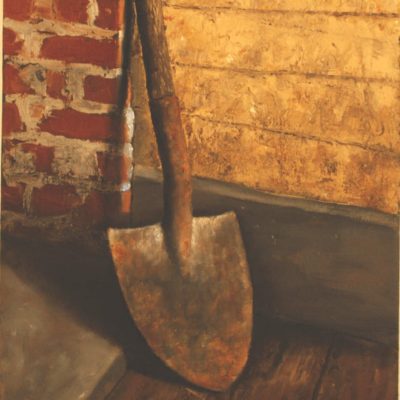 Shovel at cabin, Dig a little, oil on canvas, 10x12, SOLD